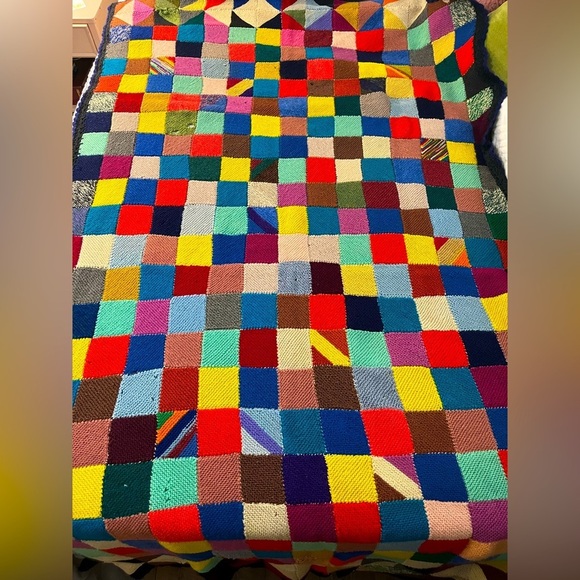 Vtg Large Hand Knit Colorful Crotchet Small Granny Squared Afghan Blanket 80x50